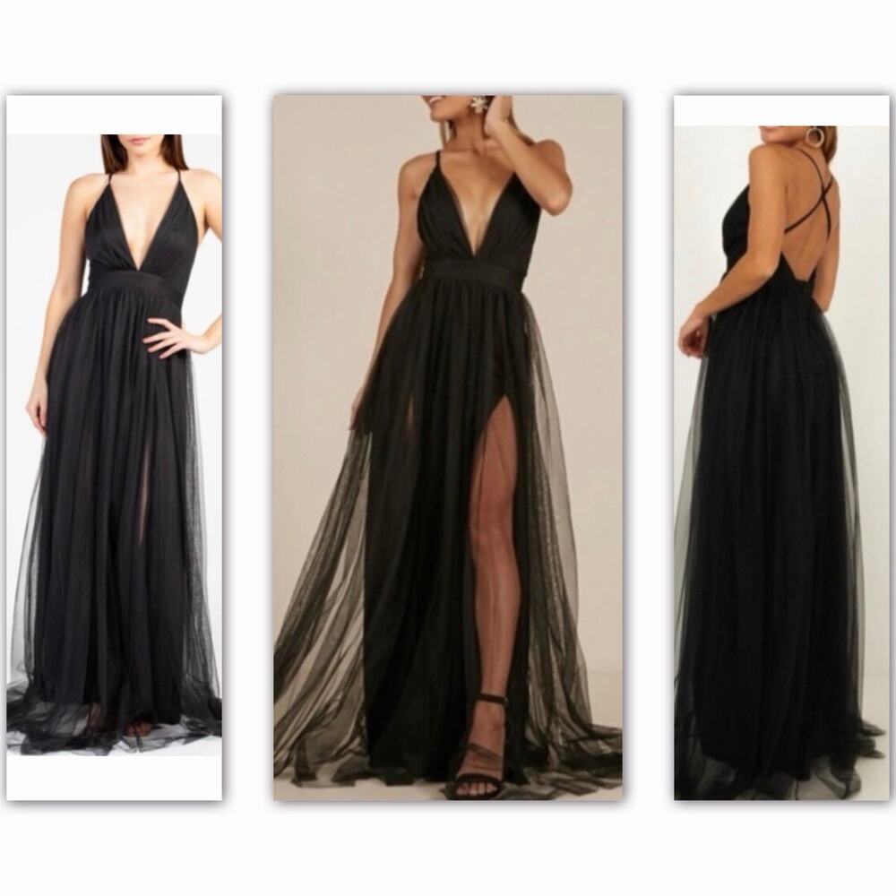 Black Tulle Maxi Dress Plunge Halter Open Back Slit Prom Evening Luxxel S NWT - Picture 10 of 11